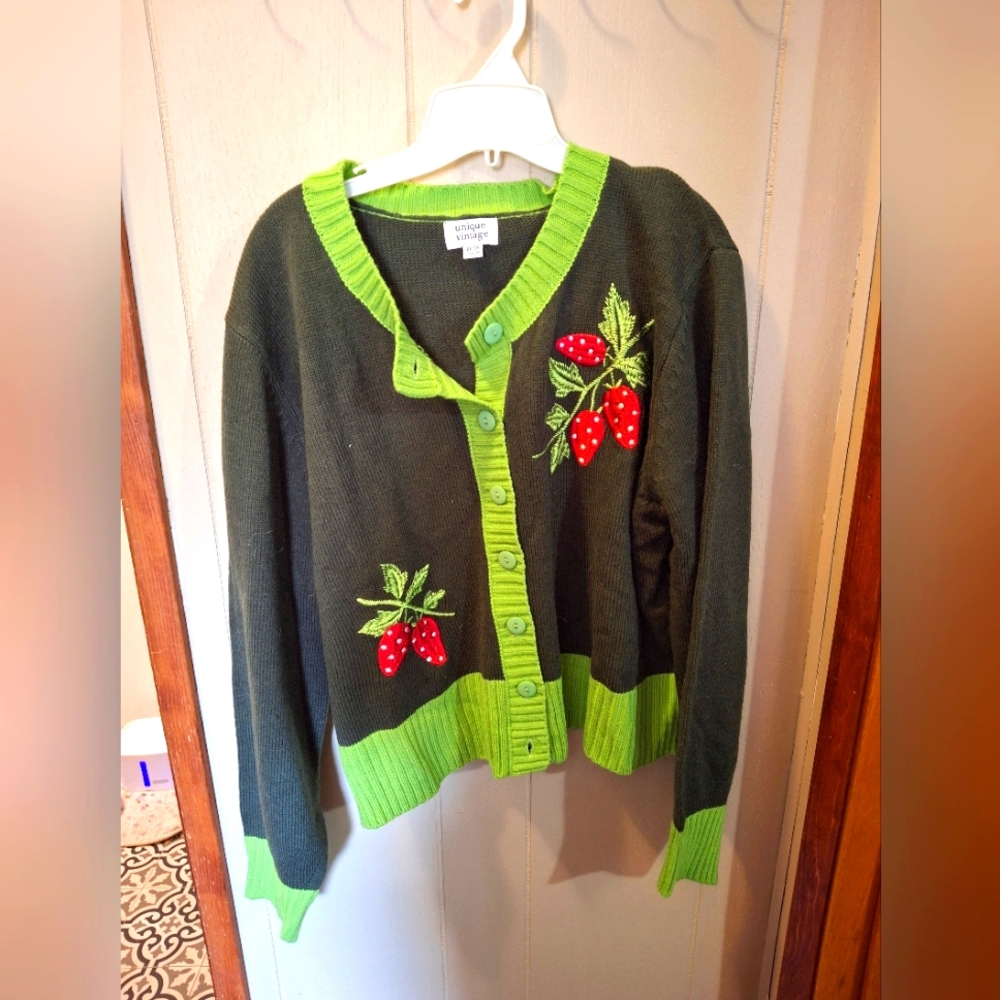 Unique Vintage Lime Green Cardigan with Strawberry Details